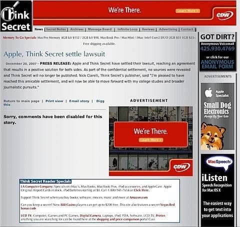 Apple sferra l'attacco ai blogger, chiuso Think Secret 1 Think Secret