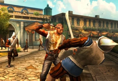 a video game with a man fighting with a sword