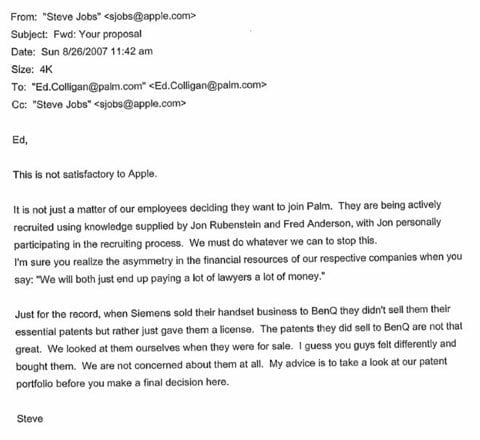 Steve Jobs minacciò Palm con i brevetti se avesse assunto i suoi manager (aggiornato) 2 email Steve Jobs a Colligan