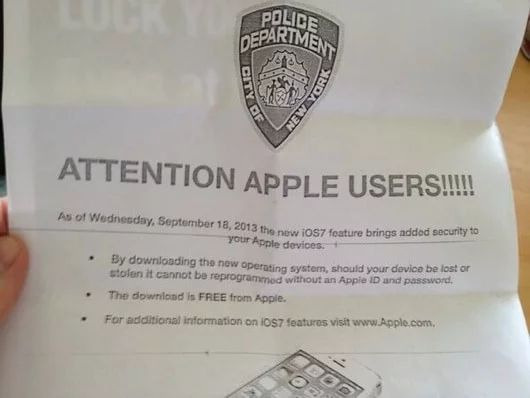 A New York la polizia diffonde volantini spingendo verso iOS 7 1 volantino polizia iOS 7