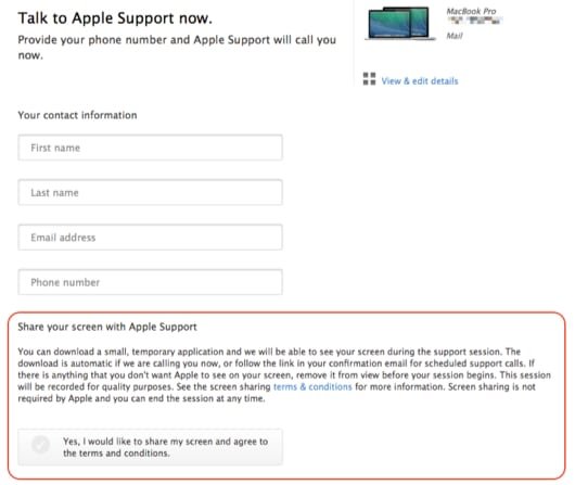 condivisione schermo AppleCare