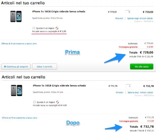 Apple ci fa pagare l'equo compenso aumentando i prezzi 1 prezzo iPhone 5S SIAE
