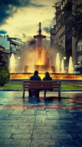 Lovers On Bench Fountain Romantic