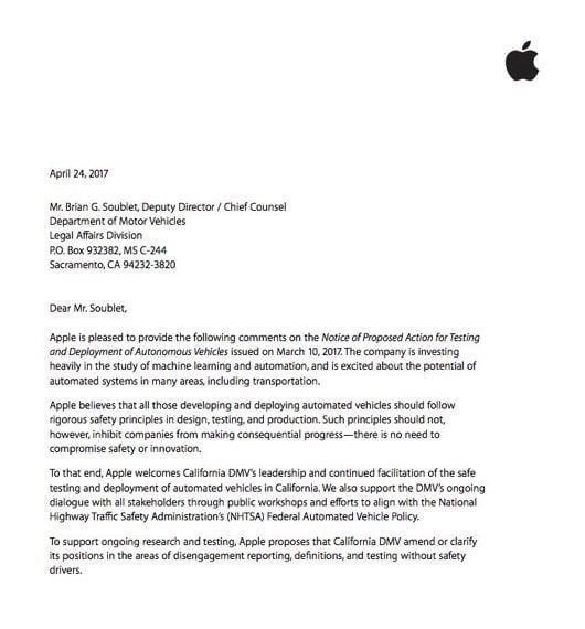 lettera apple guida autonoma