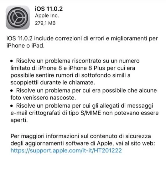 Disponibile iOS 11.0.2 1 iOS 11.0.2