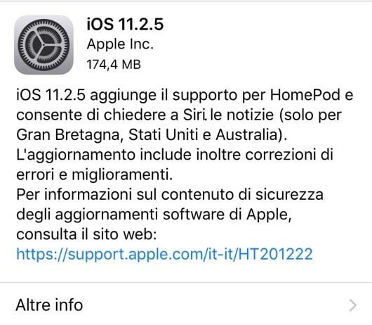 Disponibili iOS 11.2.5, macOS 10.13.3, watchOS 4.2.2 e tvOS 11.2.5 1 iOS 11.2.5