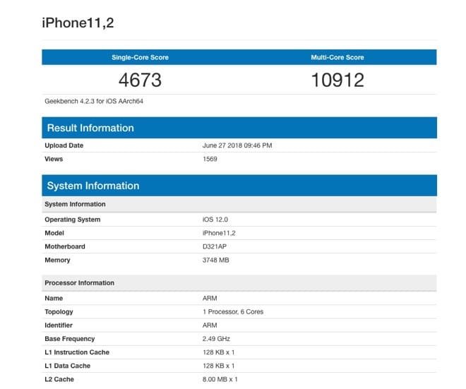Geekbench benchmark iPhone 2018