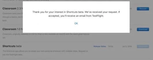 L'app Shortcuts di Siri si può chiedere in beta se si è sviluppatori 1 Shortcuts beta