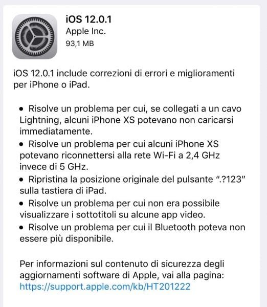 Disponibile iOS 12.0.1 1 iOS 12.0.1