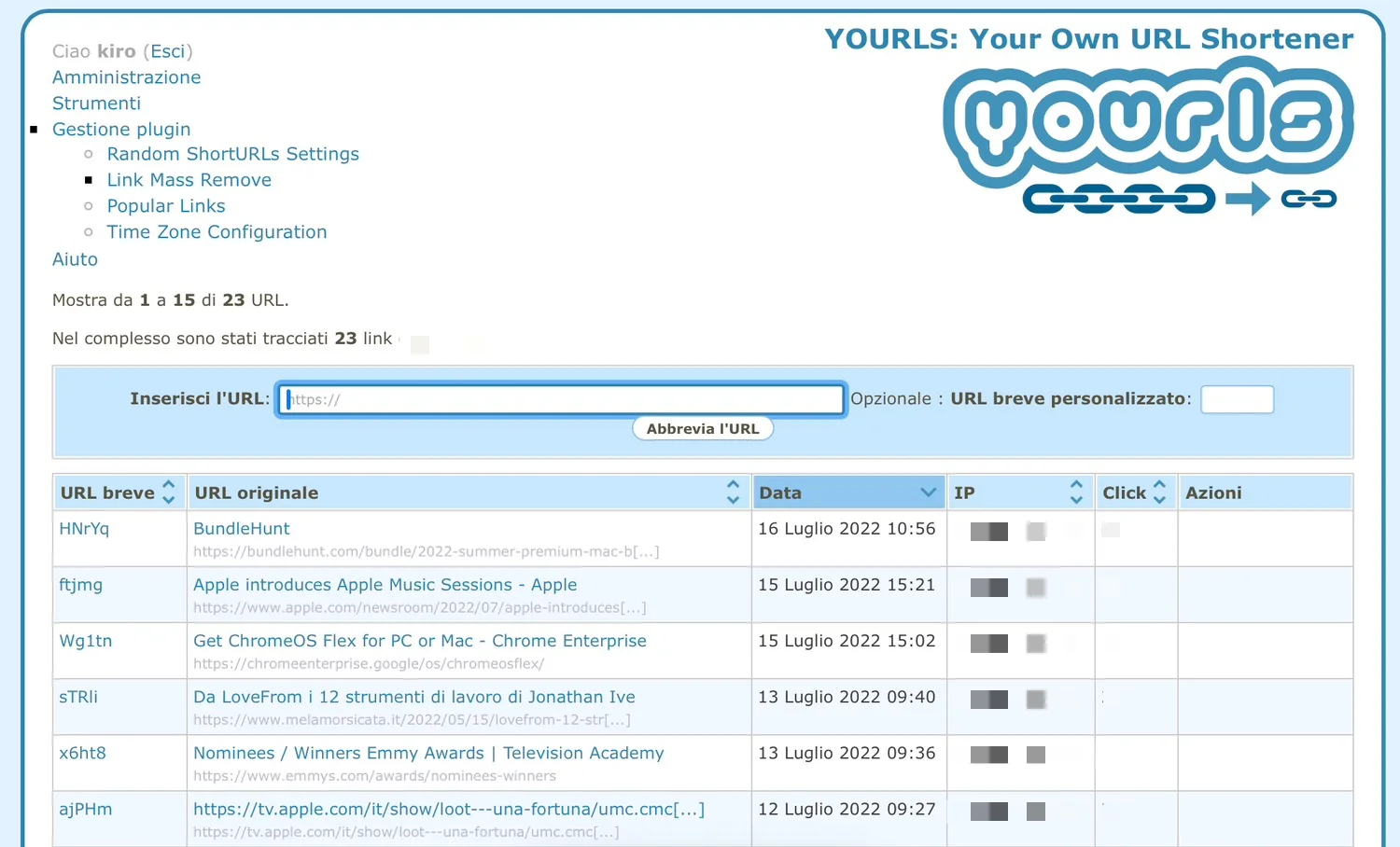 Come creare un servizio di short url personalizzato 1 Il servizio Yourls personalizzato su Kiro.it