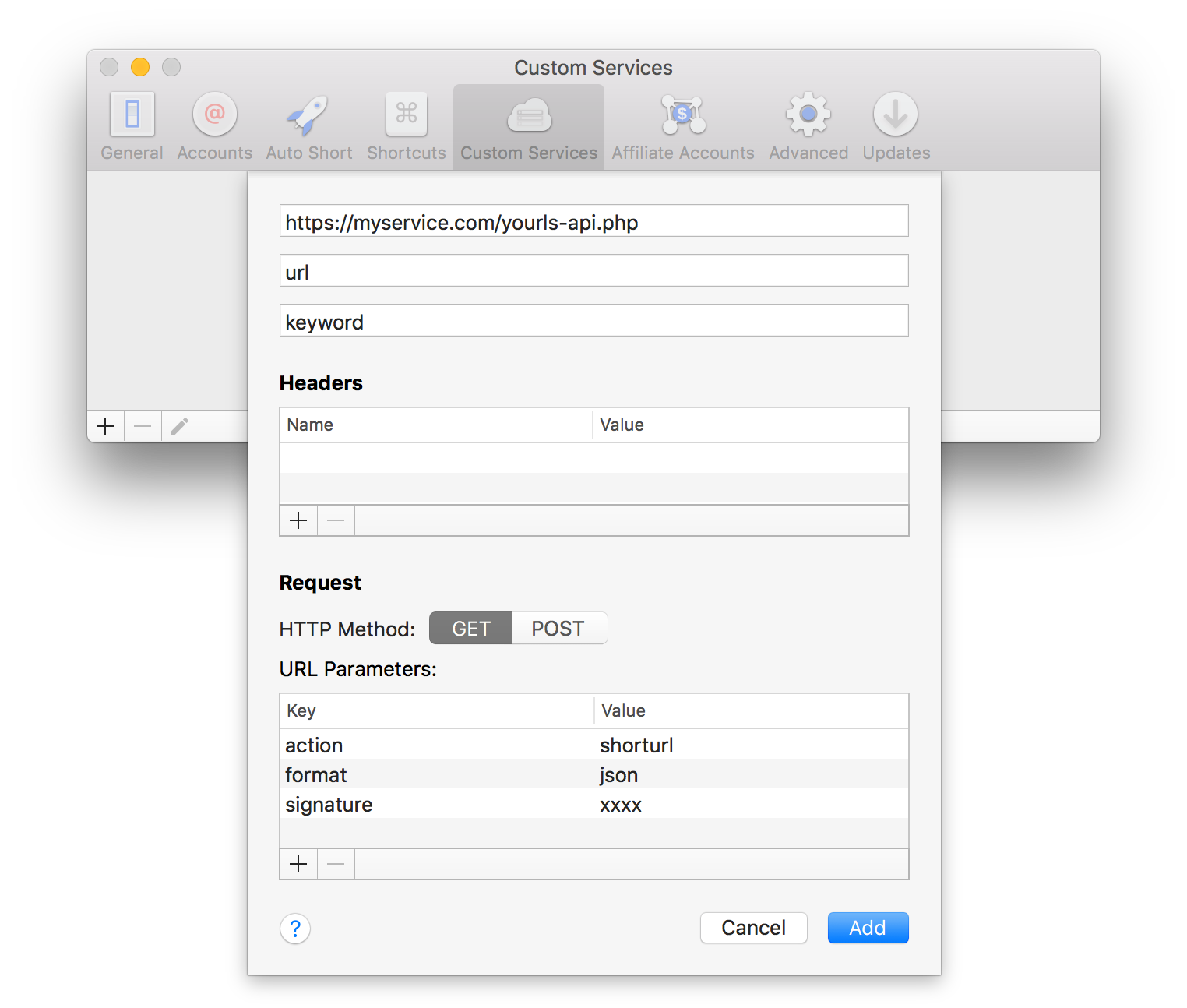 La configurazione di Yourls in Short Menu