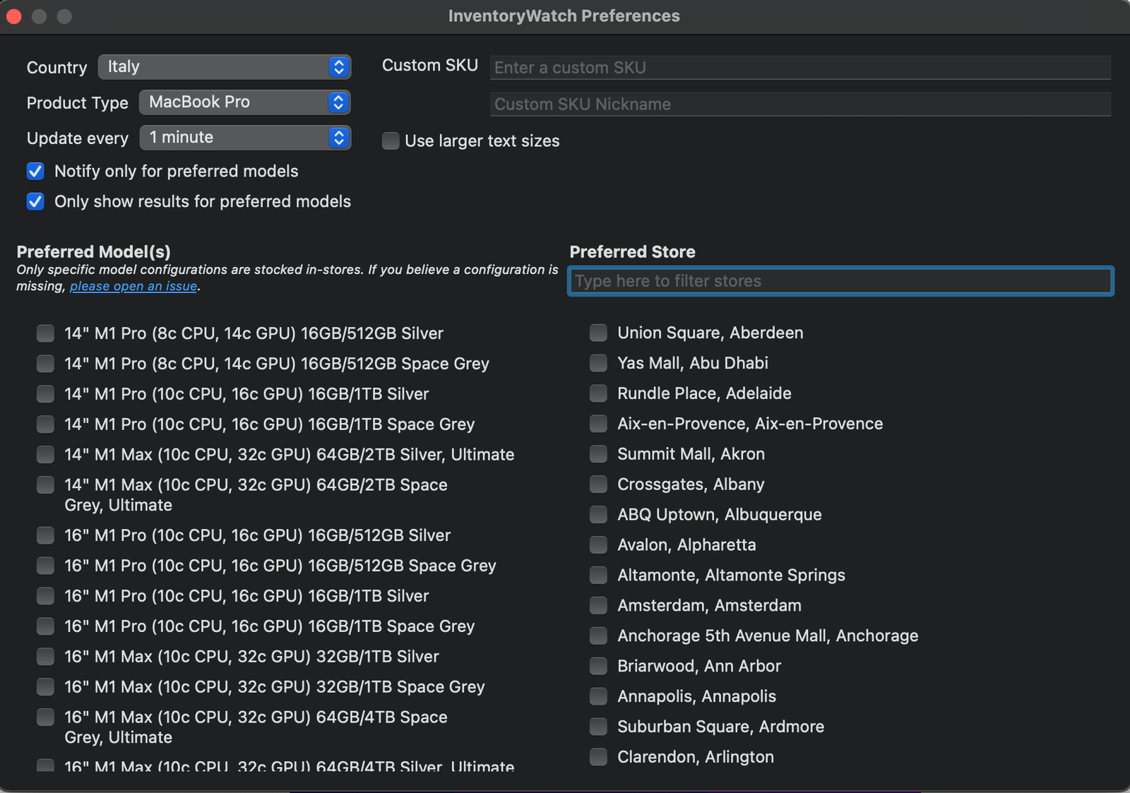 InventoryWatch, l’app per Mac che ti dice quale Apple Store ha il prodotto che ti serve 2 Le opzioni di InventoryWatch