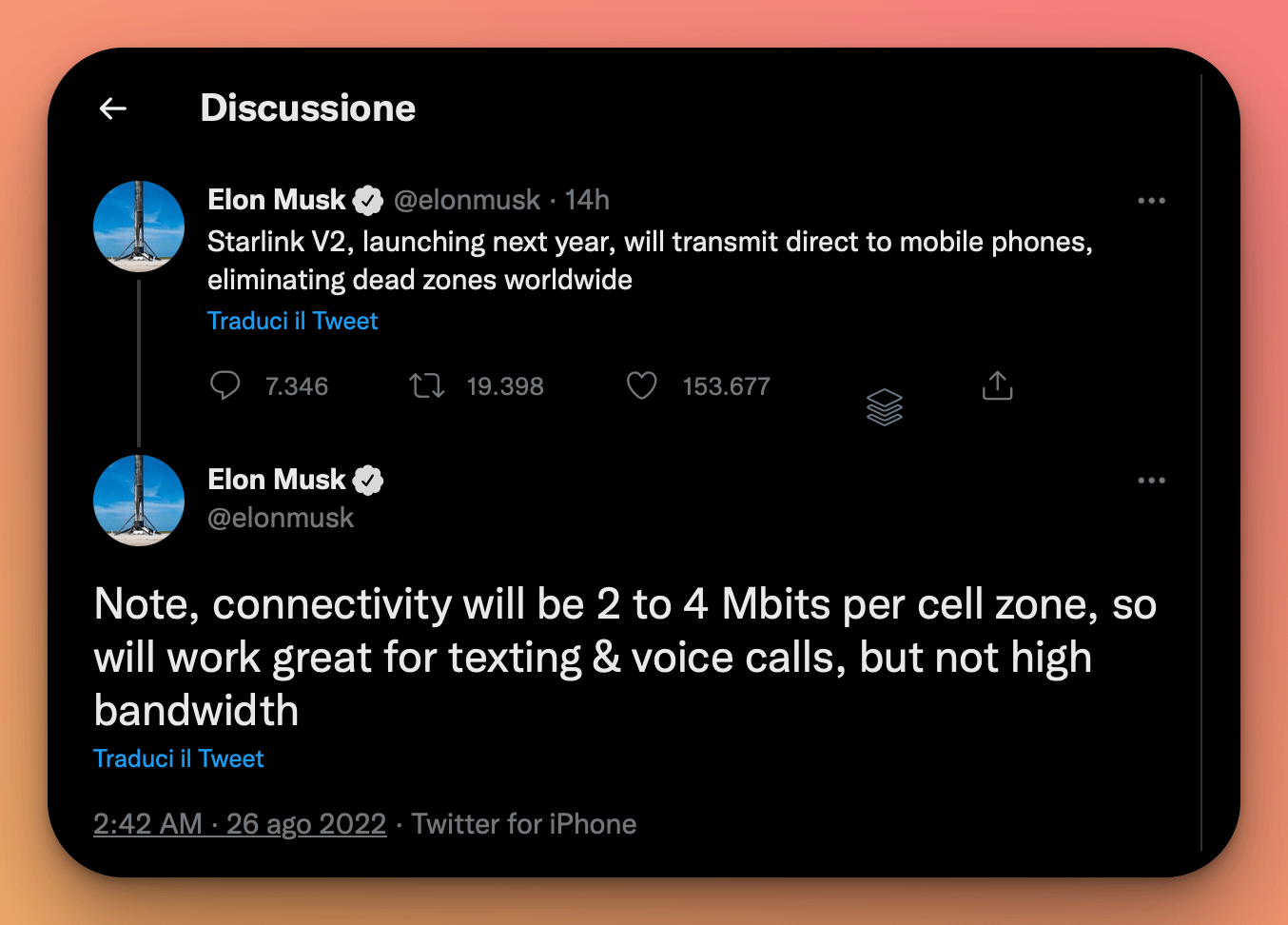 T-Mobile e Starlink anticipano Apple sui messaggi satellitari di emergenza 2 Tweet di Elon Musk dove si annuncia la collaborazione con T-Mobile
