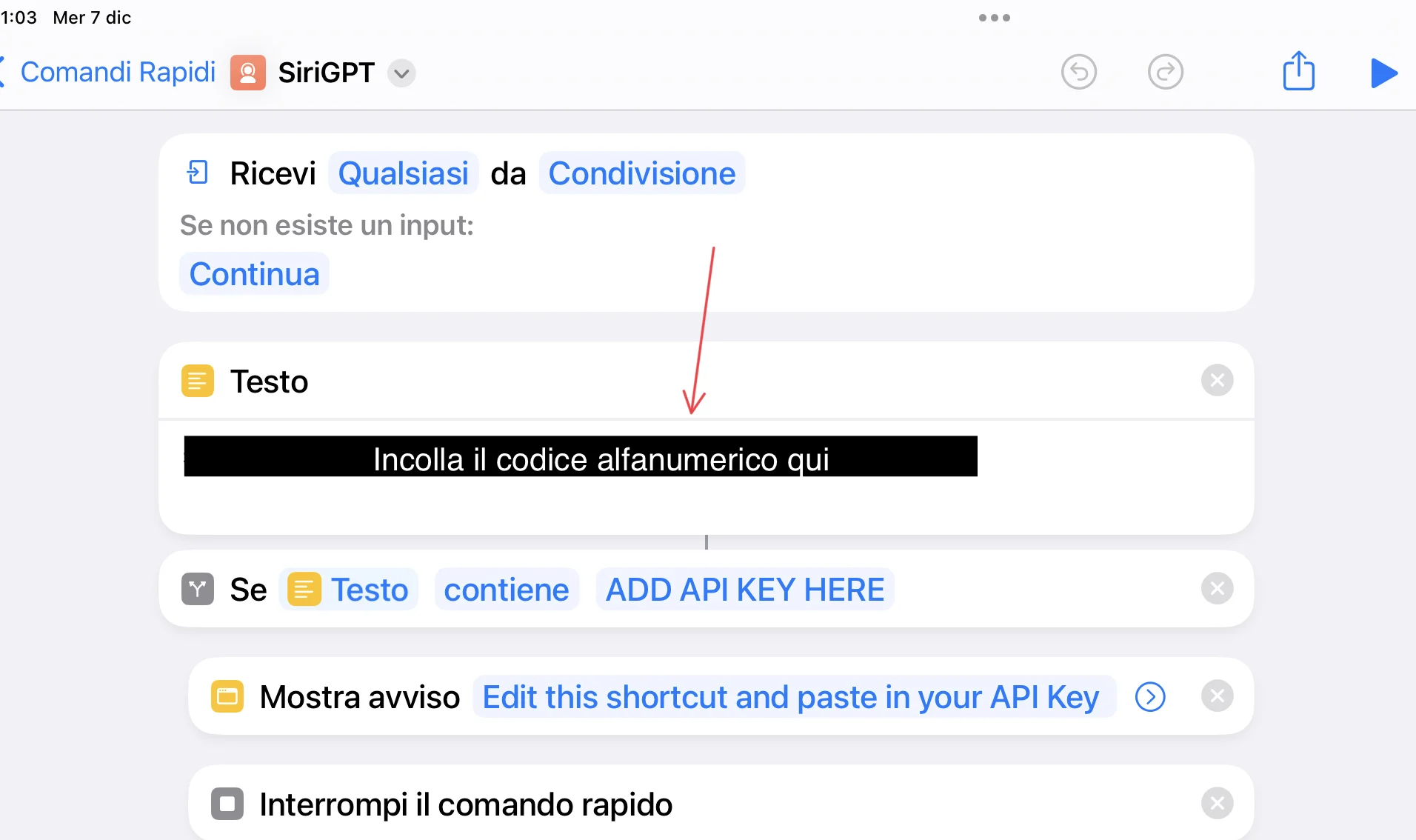 Come avere un Siri che funzioni grazie alle API di OpenAI e uno shortcut 3 Incolla qui il codice alfanumerico delle API di OpenAI