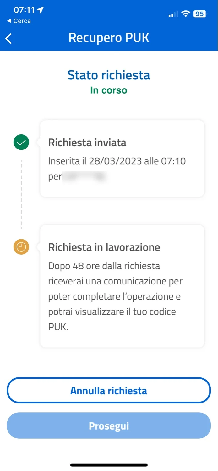 Bisogna attendere 48 ore per riottenere il proprio codice PUK