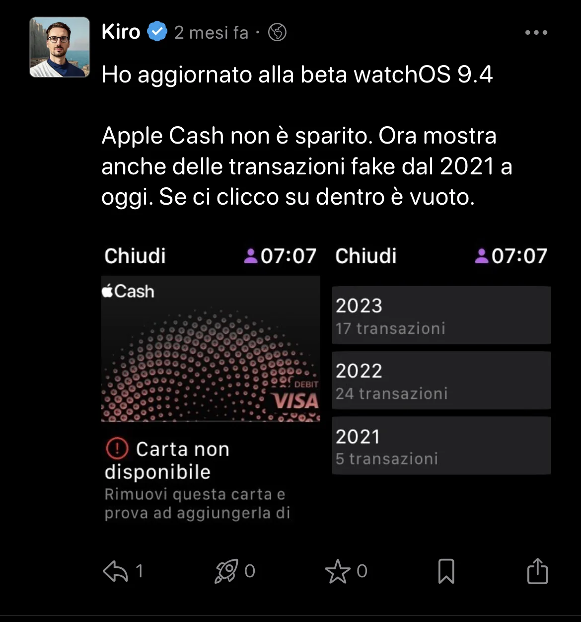 Apple Cash come appare su Apple Watch