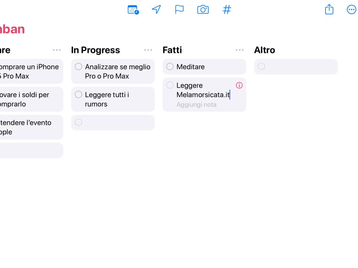 Una Kanban board gestibile da Promemoria