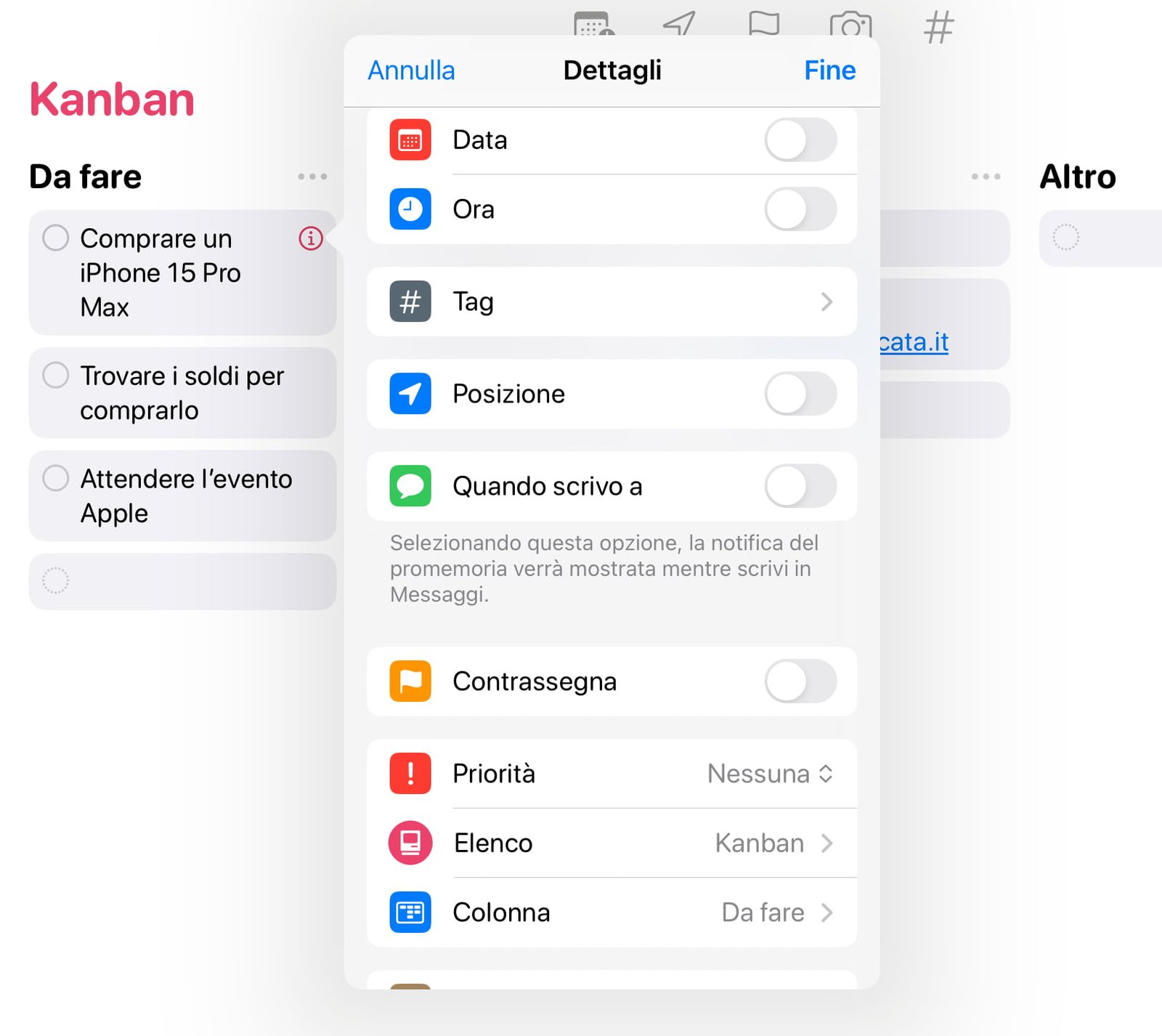 Come Usare la Funzione Kanban Board nell’App Promemoria di iOS 17 e iPadOS 17 2 L’elenco di opzioni per ogni task
