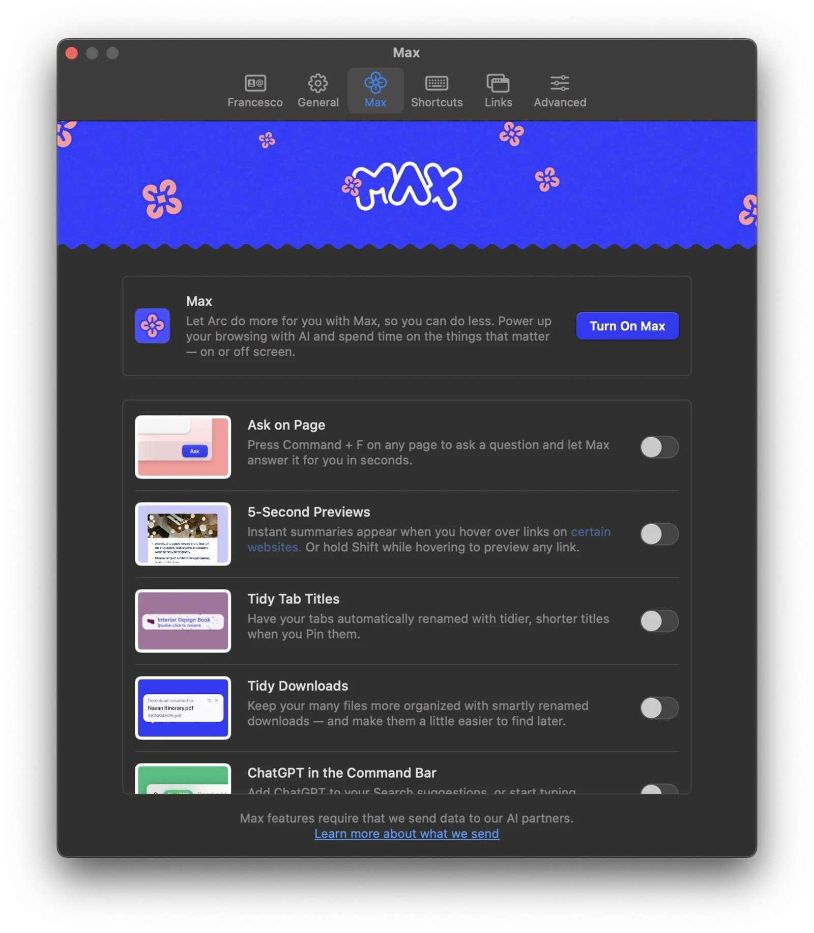 Le funzionalità AI di Arc Browser