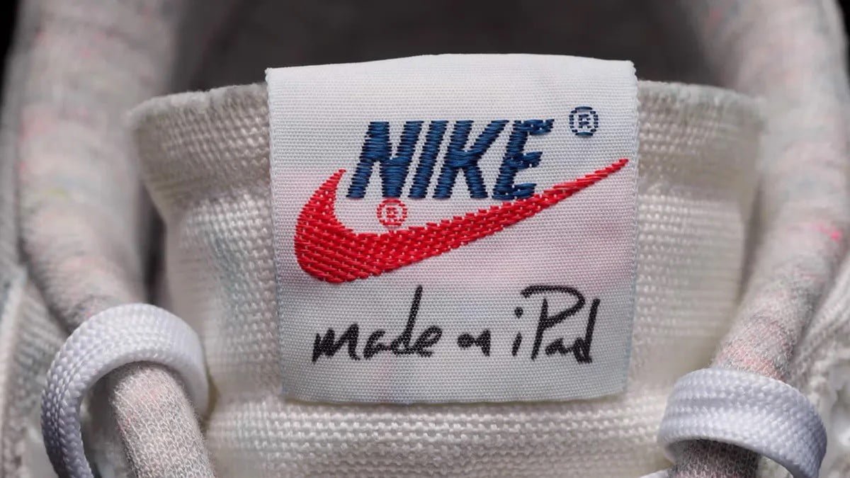 a white label with red and blue text