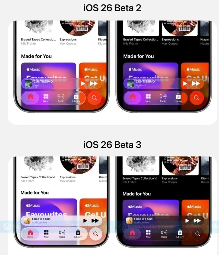 Liquid Glasse iOS 26 beta 2 vs 3