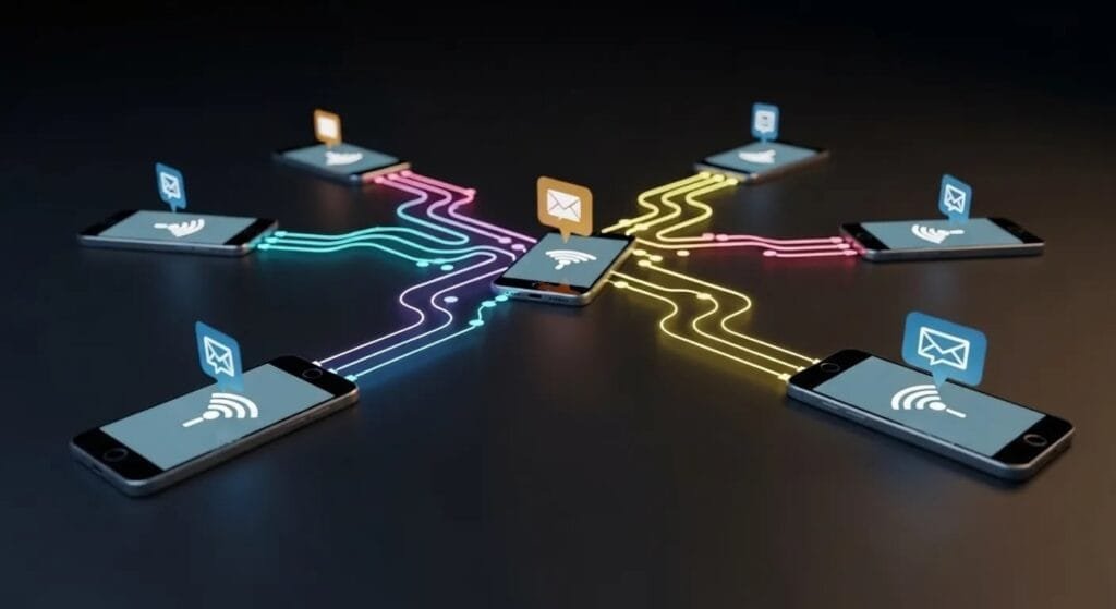 Bitchat: Messaggistica Bluetooth Senza Internet by Dorsey 2 Bitchat rete mesh Bluetooth: illustrazione del funzionamento delle reti mesh decentralizzate senza internet