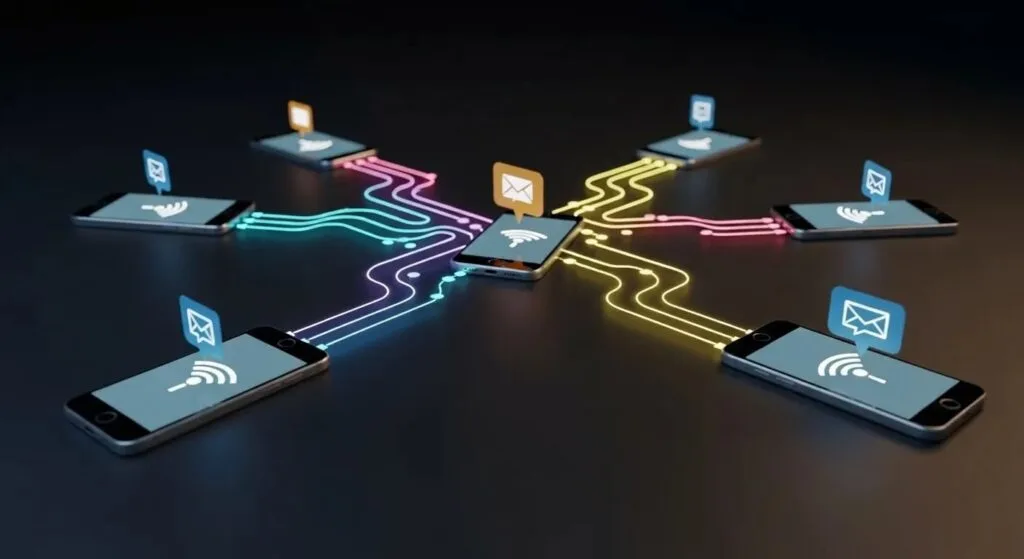 Bitchat: Messaggistica Bluetooth Senza Internet by Dorsey 2 Bitchat rete mesh Bluetooth: illustrazione del funzionamento delle reti mesh decentralizzate senza internet