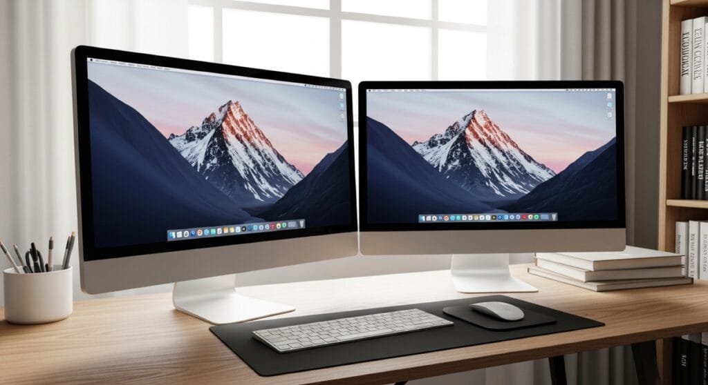 Mac Studio desktop su postazione di lavoro creativa con monitor doppio e luce naturale