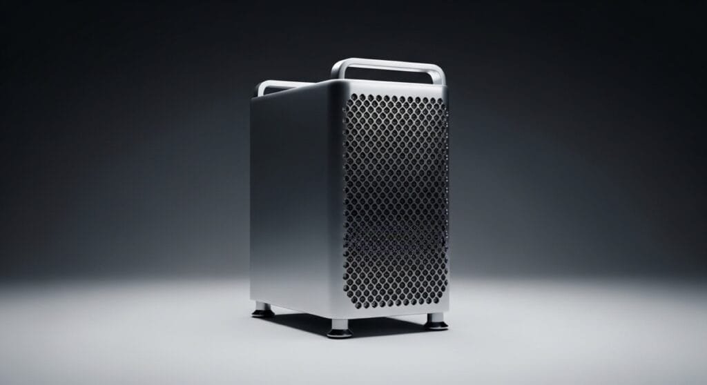 morte del Mac Pro — workstation Apple Mac Pro tower su superficie studio professionale