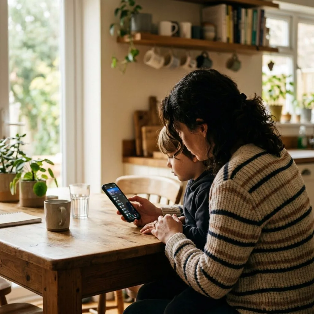 Genitore e figlio seduti al tavolo di casa che guardano insieme uno smartphone, simbolo del monitoraggio responsabile