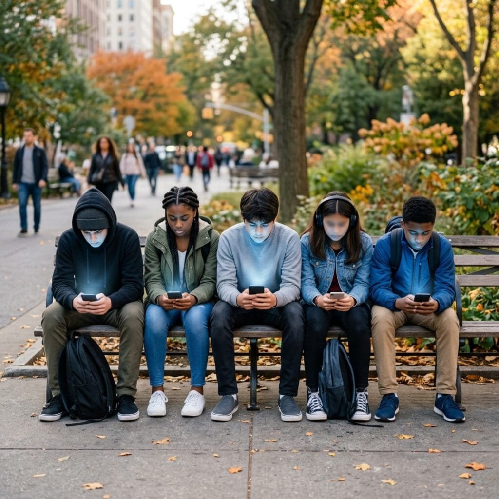 Isolamento sociale dei giovani causato dagli smartphone Gruppo di adolescenti seduti su una panchina, ognuno isolato dal proprio smartphone nonostante la vicinanza fisica