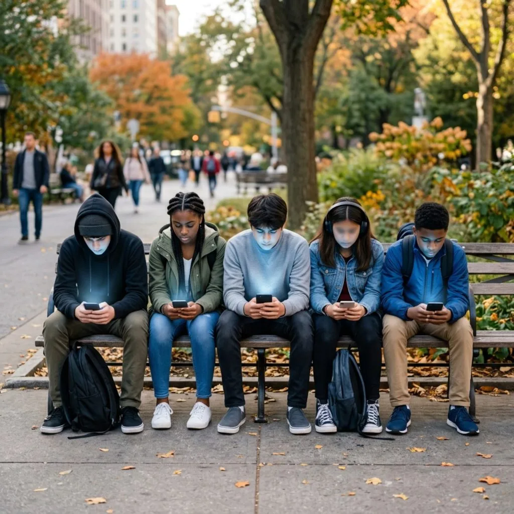 Gruppo di adolescenti seduti su una panchina, ognuno isolato dal proprio smartphone nonostante la vicinanza fisica