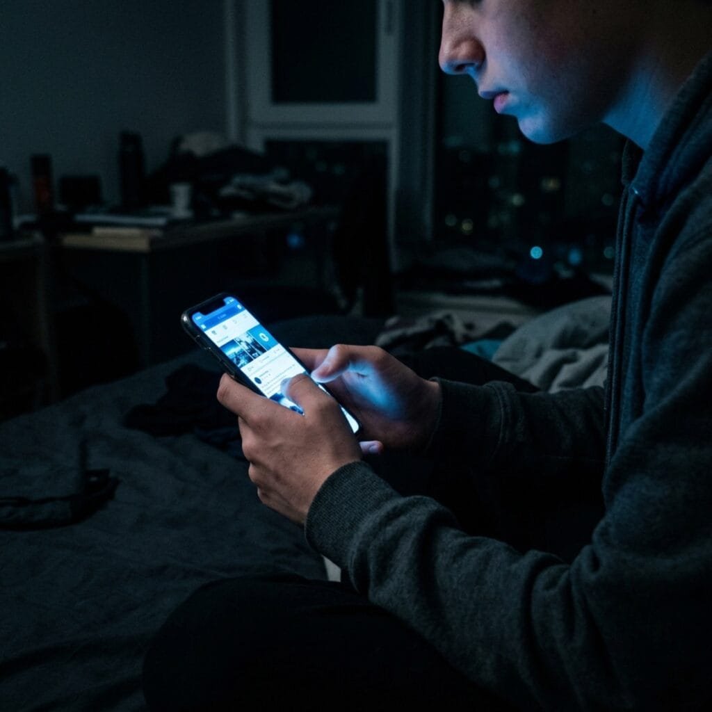 Adolescente sui social network di notte Social network per minori: adolescente che scrolla il feed di notte illuminato dallo schermo del telefono