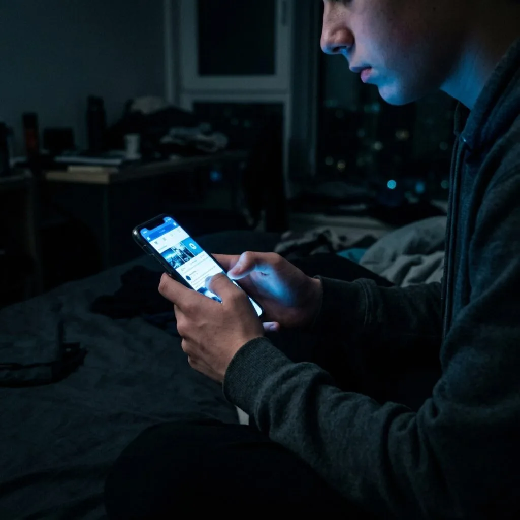 Social network per minori: adolescente che scrolla il feed di notte illuminato dallo schermo del telefono