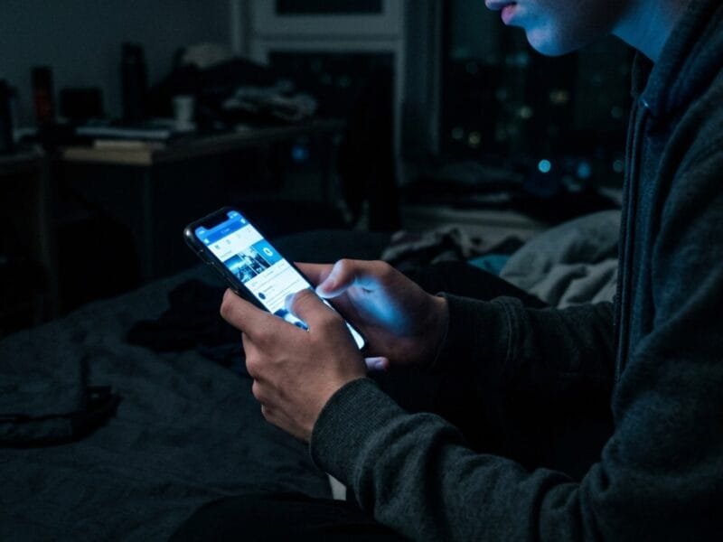 Social network per minori: adolescente che scrolla il feed di notte illuminato dallo schermo del telefono
