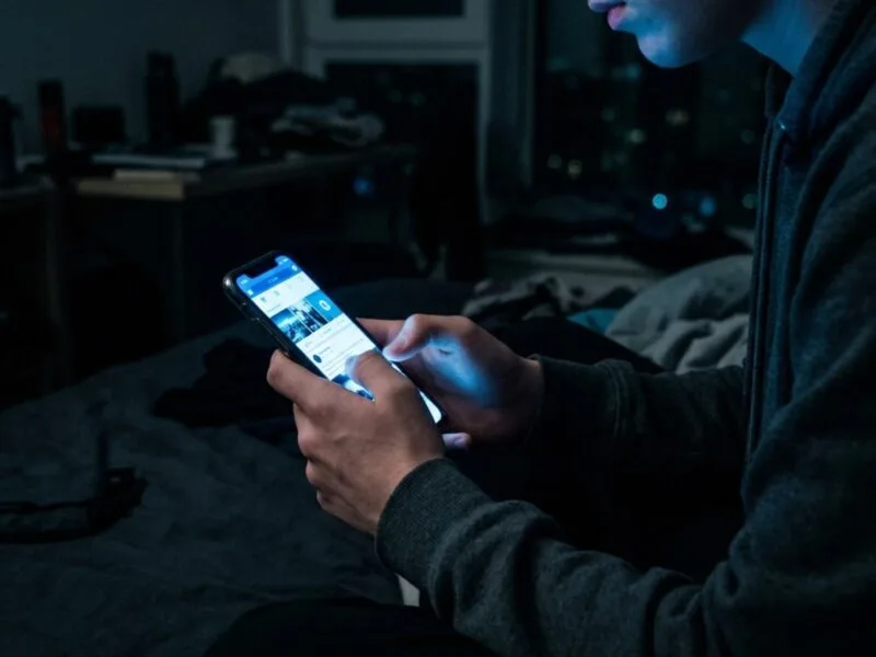 Social network per minori: adolescente che scrolla il feed di notte illuminato dallo schermo del telefono