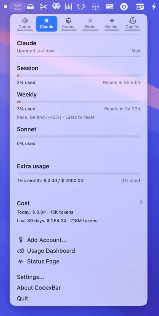 CodexBar: token AI nella menubar 2 CodexBar 1