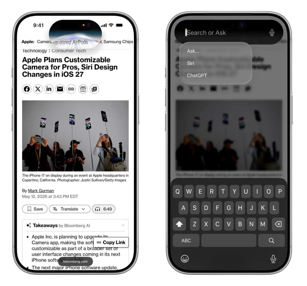 WWDC 2026: tutte le indiscrezioni prima della keynote dell'8 giugno 1 Render ricreato da Bloomberg: la nuova Siri integrata nella Dynamic Island di iOS 27