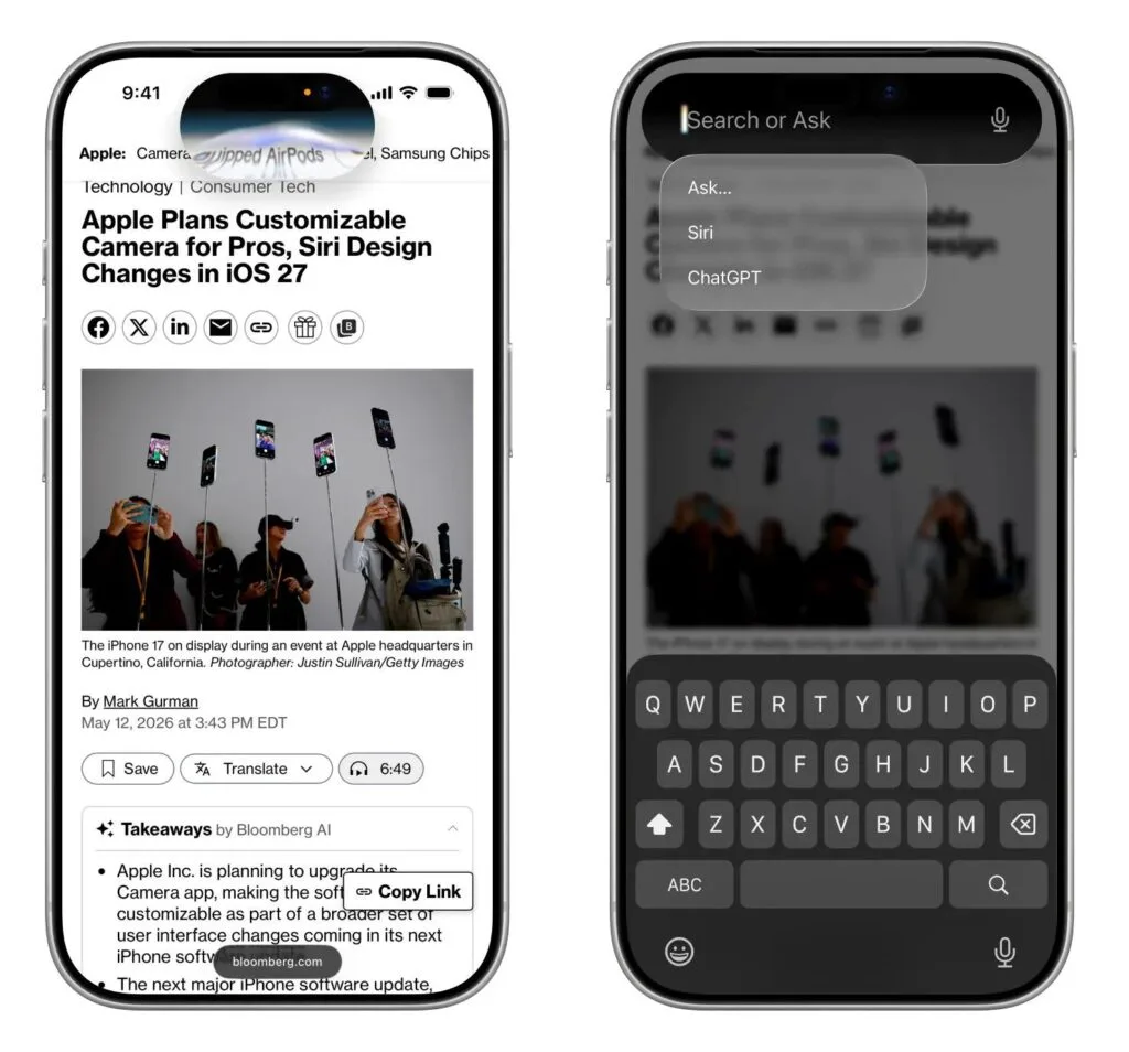 WWDC 2026: tutte le indiscrezioni prima della keynote dell'8 giugno 1 Render ricreato da Bloomberg: la nuova Siri integrata nella Dynamic Island di iOS 27