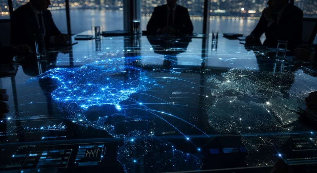 Gli USA trattano l’AI come un’arma competitiva. L’Europa non lo ha capito 1 Mappa olografica dell’AI come potere strategico tra Stati Uniti ed Europa