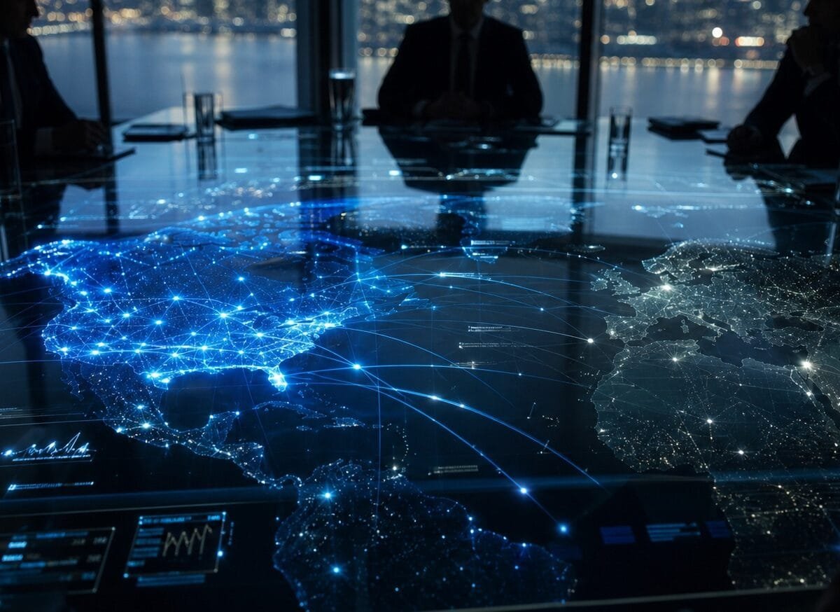 Mappa olografica dell’AI come potere strategico tra Stati Uniti ed Europa