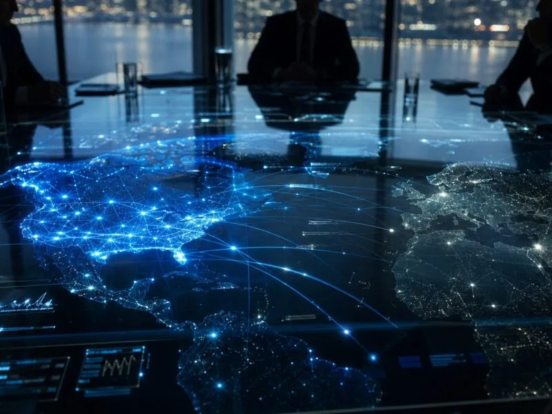 Mappa olografica dell’AI come potere strategico tra Stati Uniti ed Europa