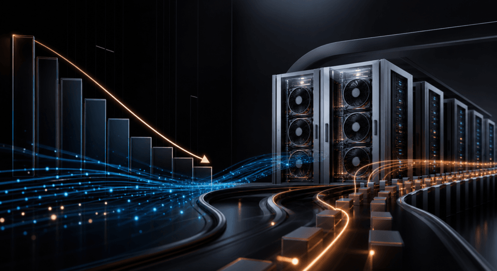 Illustrazione del rapporto tra GPU, efficienza e riduzione dei costi nell'inferenza AI