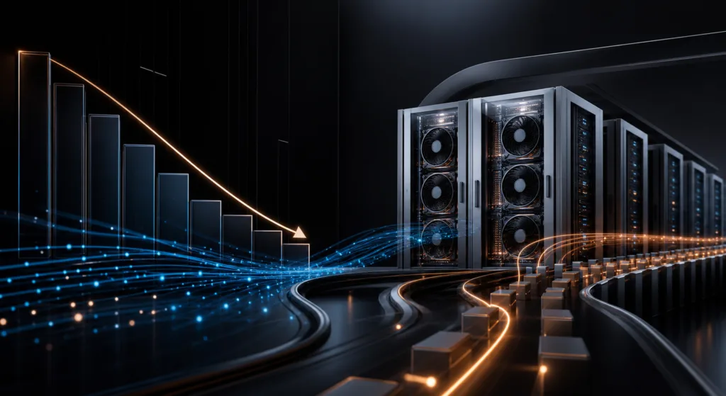 Illustrazione del rapporto tra GPU, efficienza e riduzione dei costi nell'inferenza AI