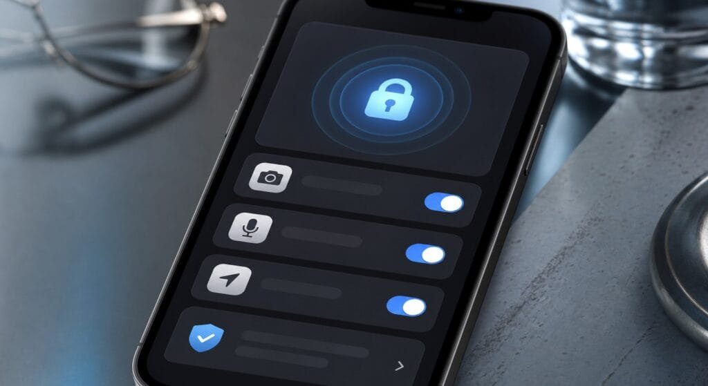Come proteggere un iPhone dagli hacker nel 2026 3 Schermata concettuale dei permessi privacy su iPhone con icone di fotocamera, microfono e localizzazione