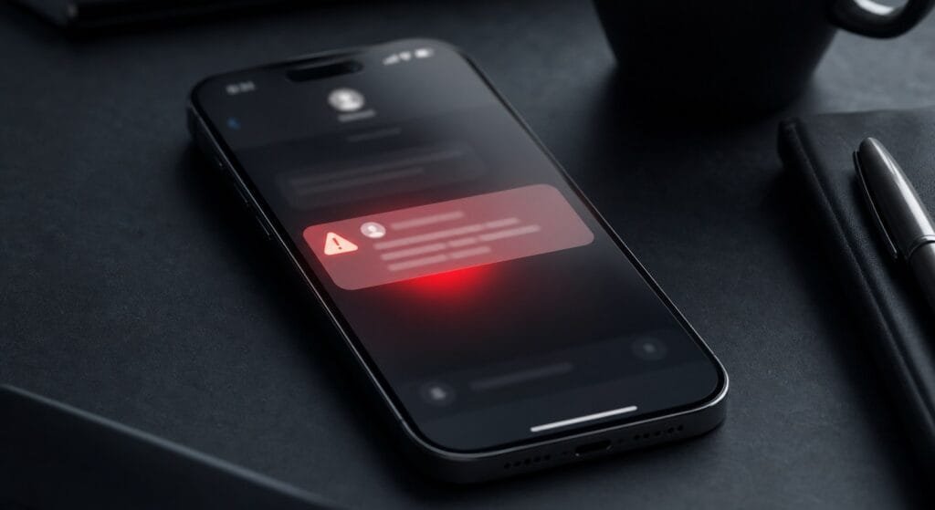 Come proteggere un iPhone dagli hacker nel 2026 1 iPhone con notifica sospetta e segnale di pericolo, immagine editoriale sulla sicurezza mobile