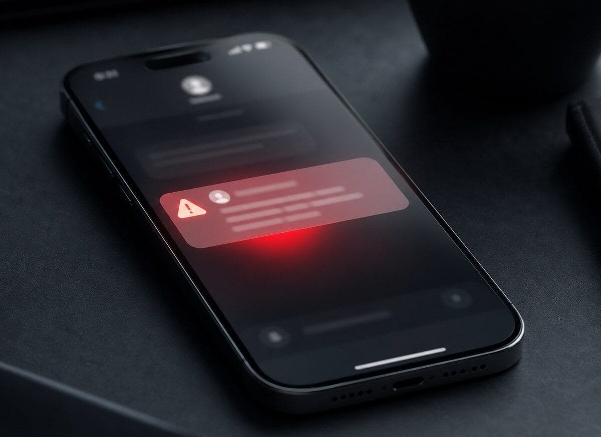 iPhone con notifica sospetta e segnale di pericolo, immagine editoriale sulla sicurezza mobile