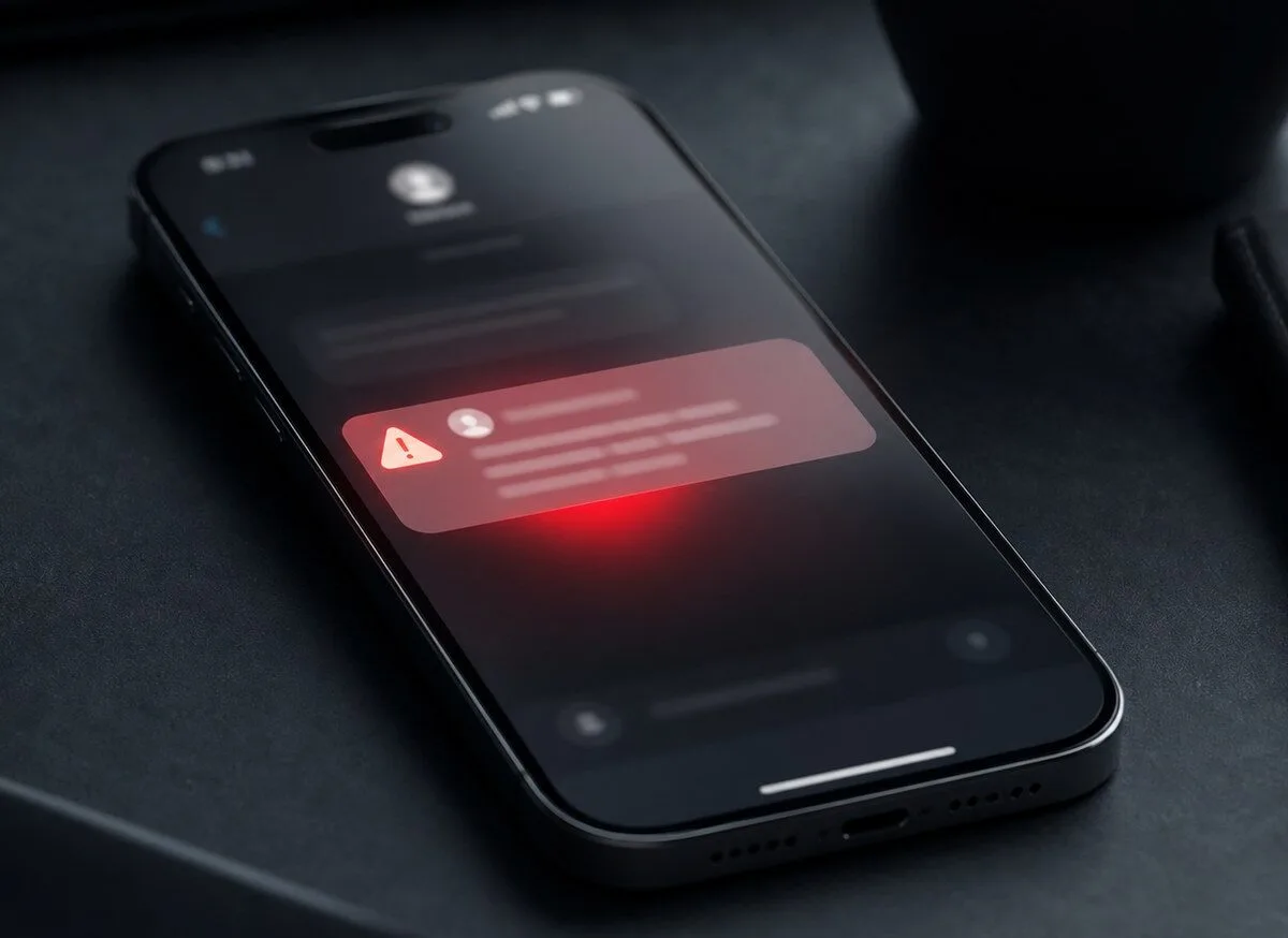 iPhone con notifica sospetta e segnale di pericolo, immagine editoriale sulla sicurezza mobile