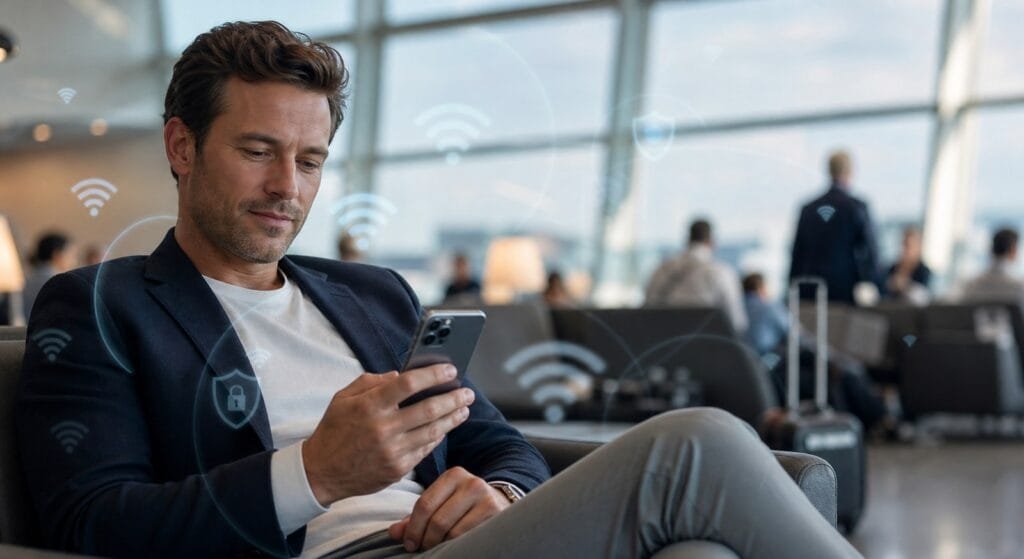 Come proteggere un iPhone dagli hacker nel 2026 2 Uso di iPhone in una lounge aeroportuale con riferimento al rischio delle reti Wi‑Fi pubbliche