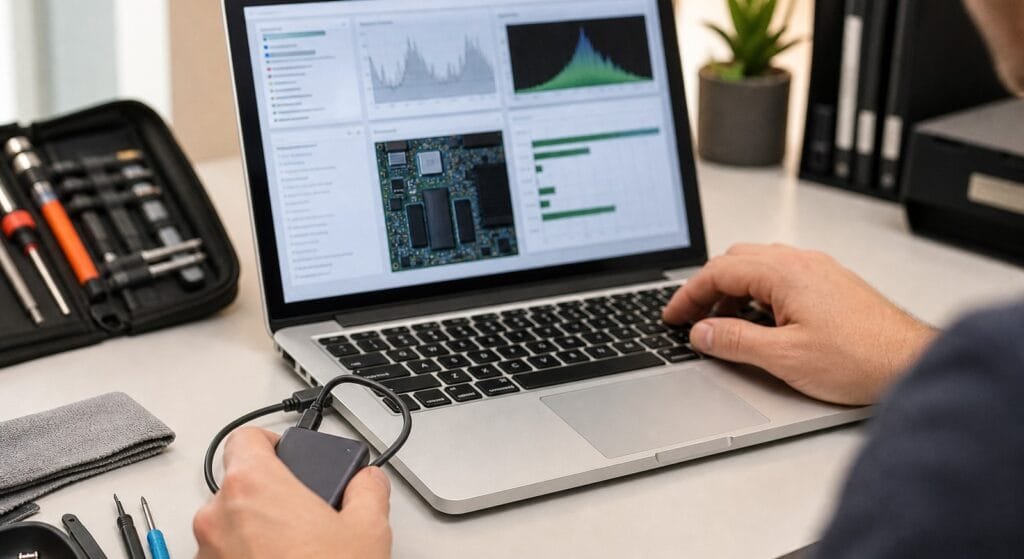 Diagnosi tecnica di un Mac datato su una scrivania